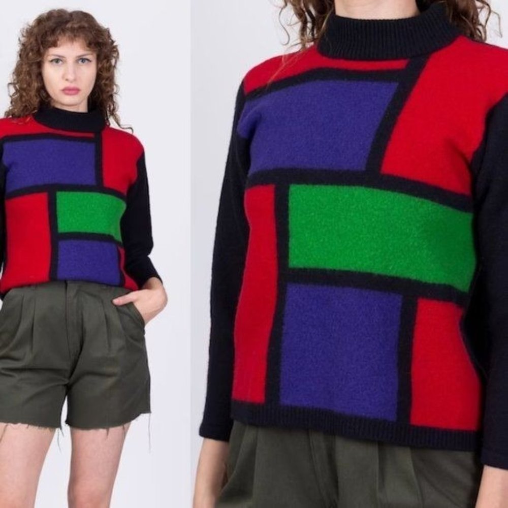80s Lambswool Knit Sweater Vintage Liz Claiborne Color Block - Picture 1 of 10